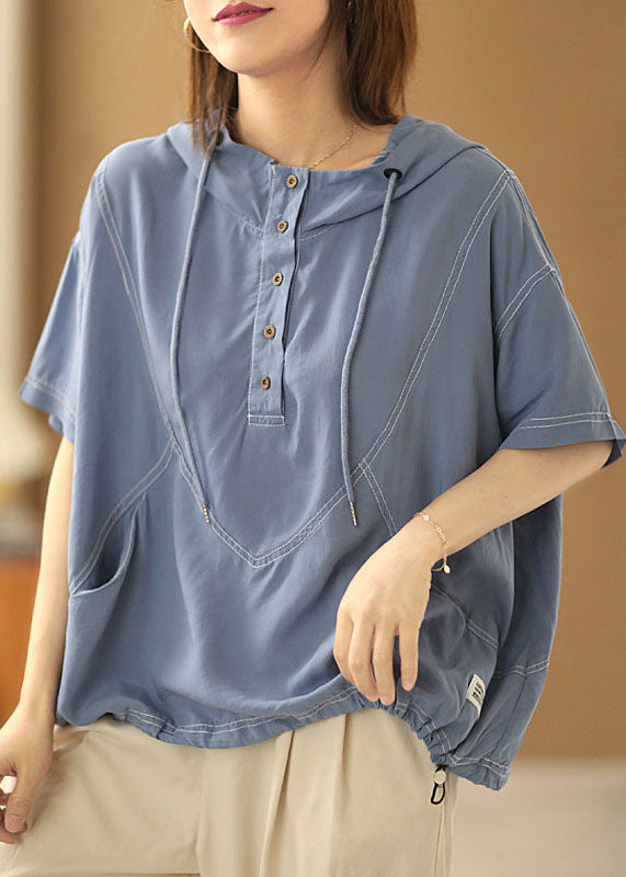 Simple Light Blue Drawstring Hooded Cotton Sweatshirt Short Sleeve