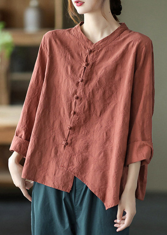 Boutique Brick Red O-neck Asymmetrical Low High Design Button Shirt Long Sleeve