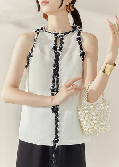 White Ruffled Patchwork Tops Sleeveless