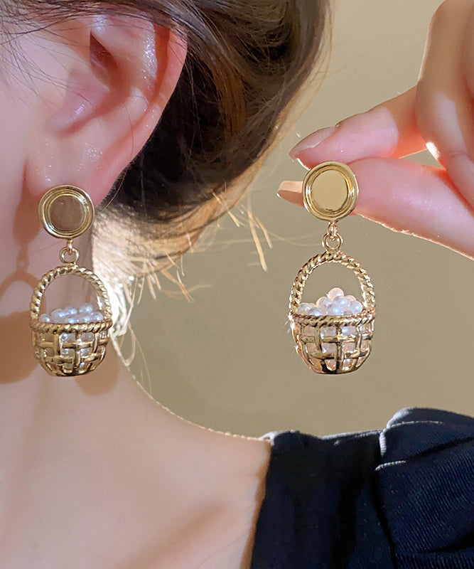 Unique Gold Copper Alloy Pearl Small Carrying Basket Hollow Outdrop Earrings