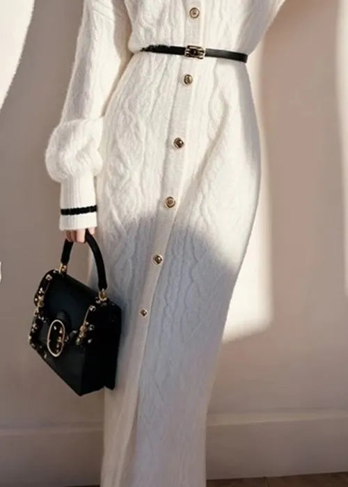 French White Sailor Collar Button Knit Sweater Dress Fall
