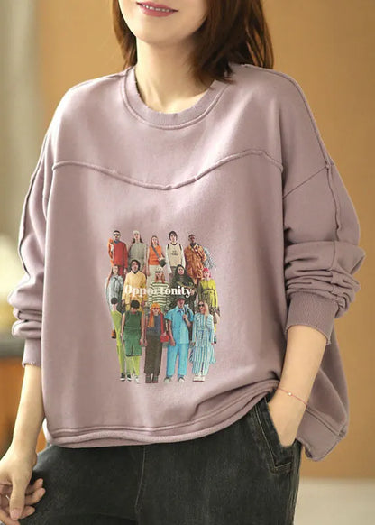 Grey Purple Loose O-neck Pockets Fall Loose Sweatshirt