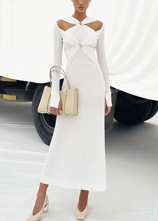 Slim Fit White Hollow Out Knitting Cotton Long Dresses Fall