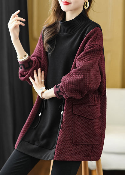 Mulberry Drawstring Patchwork Warm Fleece Sweatshirts Top Winter