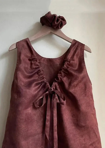 Brown V Neck Lace Up Cotton Tank Sleeveless