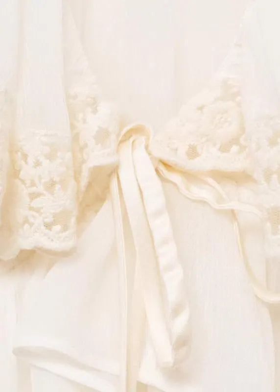 White V Neck Lace Patchwork Chiffon Fall