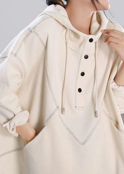 Beige Drawstring Hooded Cotton Pullover Long Sleeve