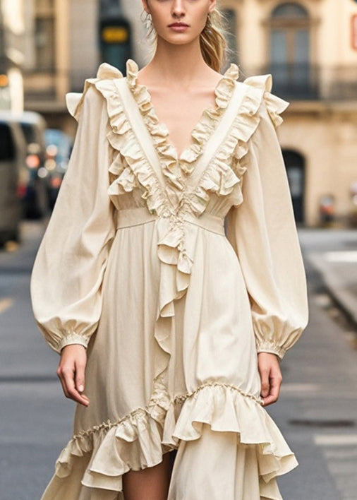 Champagne Color Ruffled Side Open Party Dress Fall