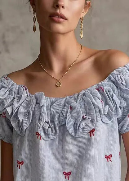Boutique Blue Cold Shoulder Butterfly Cotton Tops Summer