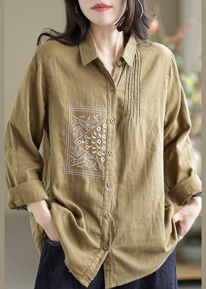 Khaki Lapel Embroideried Wrinkled Linen Shirt Tops Spring