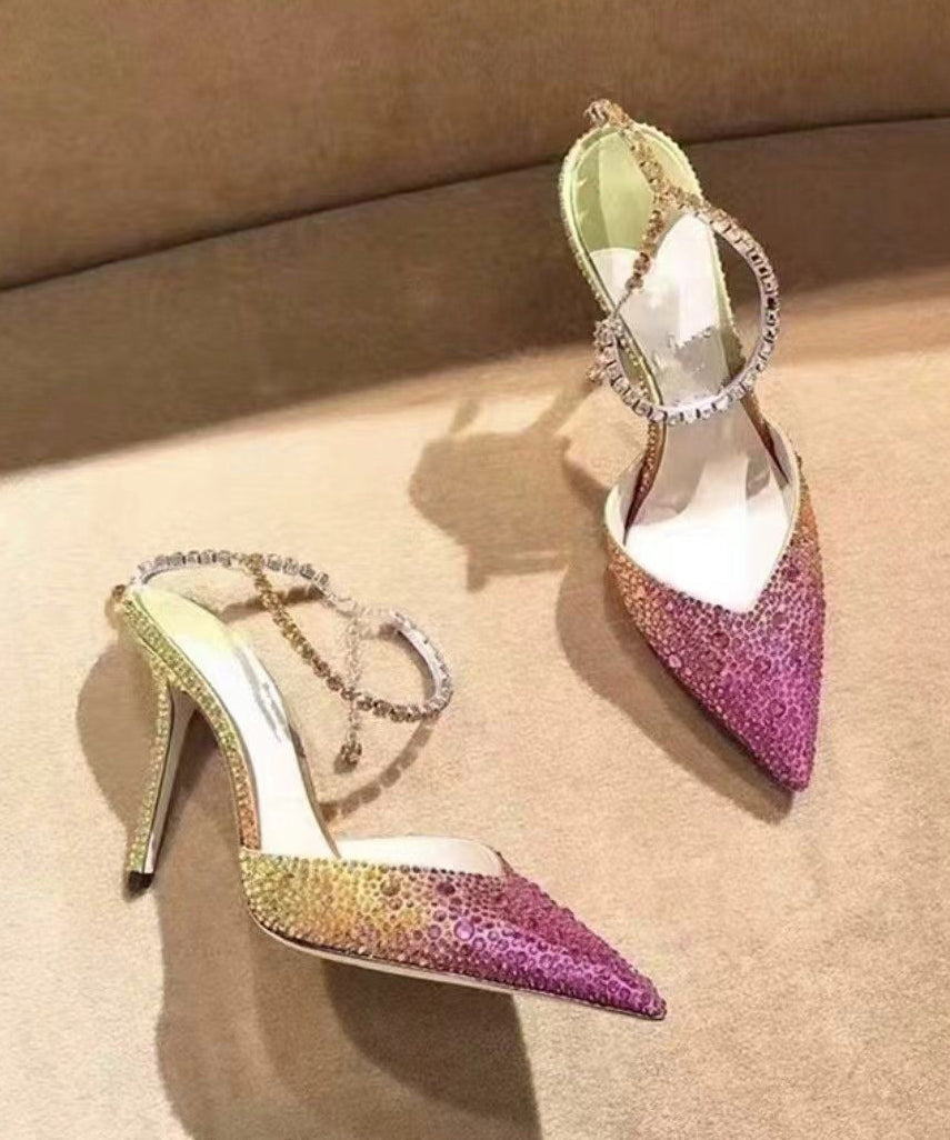 Rhinestone Gradient Color Pointed Thin Heel Sandals New