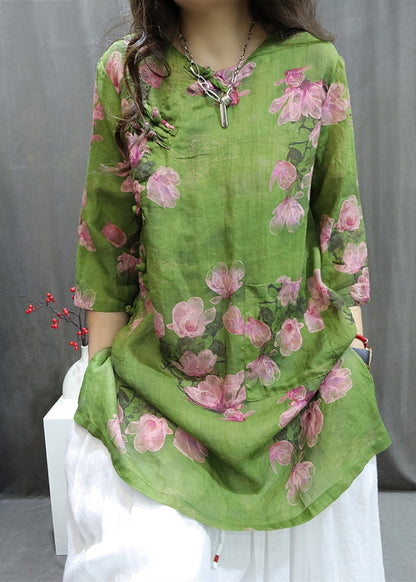 Handmade Purple O-neck Print Button Top Summer