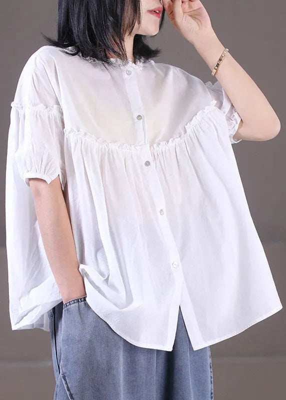 Classy Purple Ruffled Wrinkled Patchwork Button Cotton Shirt Top Short Sleeve