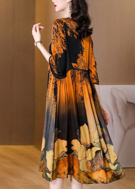 Style Yellow O Neck Wrinkled Patchwork Print Silk Dress Summer