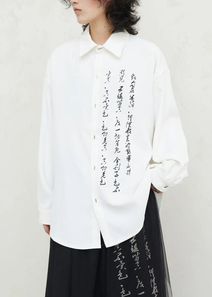 White Graphic Print Button Top Fall