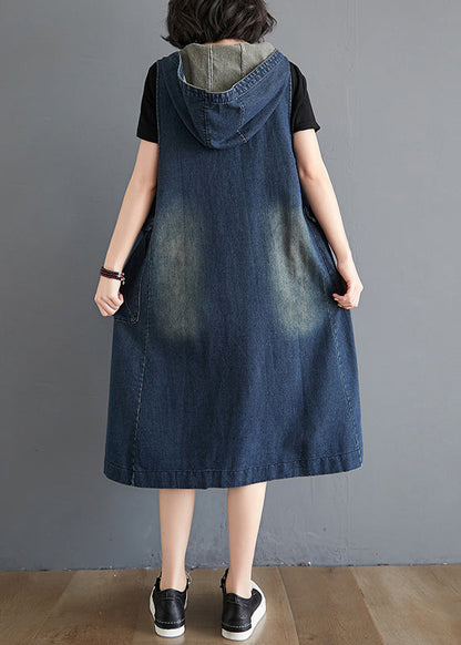 Modern Blue Hoodedpockets Patchwork Denim Waistcoat Long Dress Sleeveless