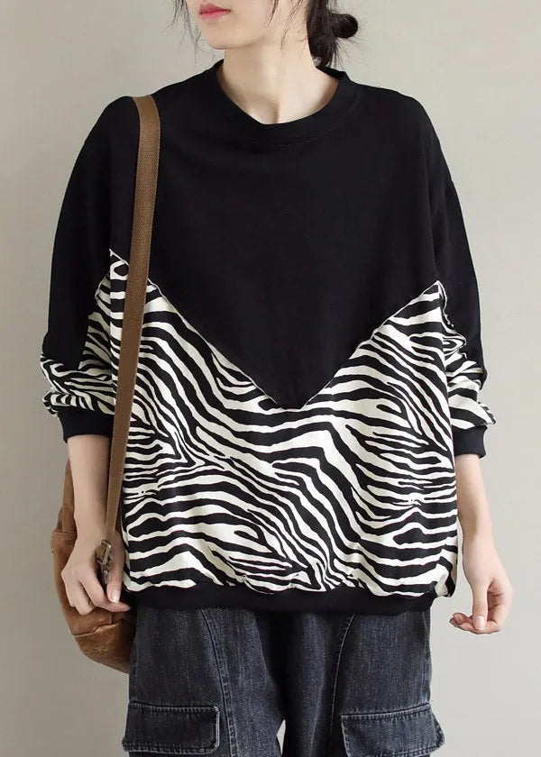 Black O-neck Patchwork Pullover Sweatshirt Long Sleeve