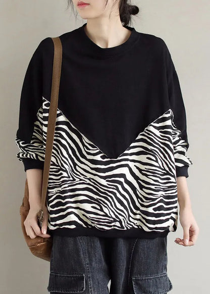 Black O-neck Patchwork Pullover Sweatshirt Long Sleeve