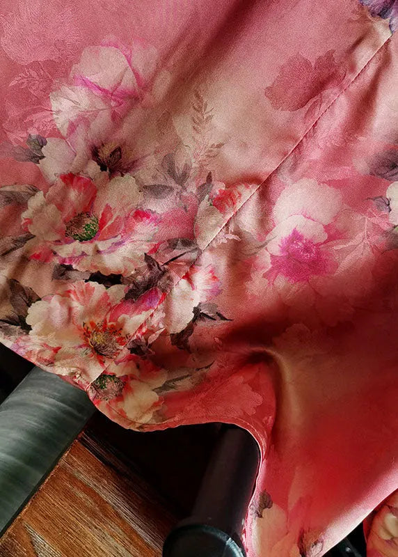 Red O Neck Print Silk Tops Lantern Sleeve