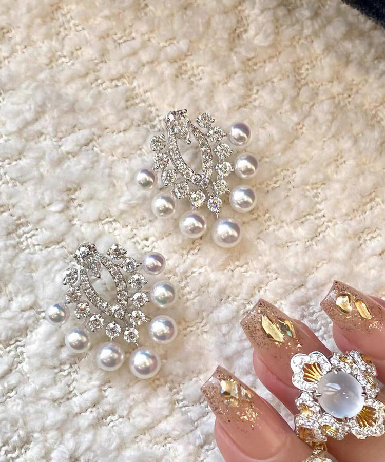 White Copper Zircon Pearl Stud Earrings