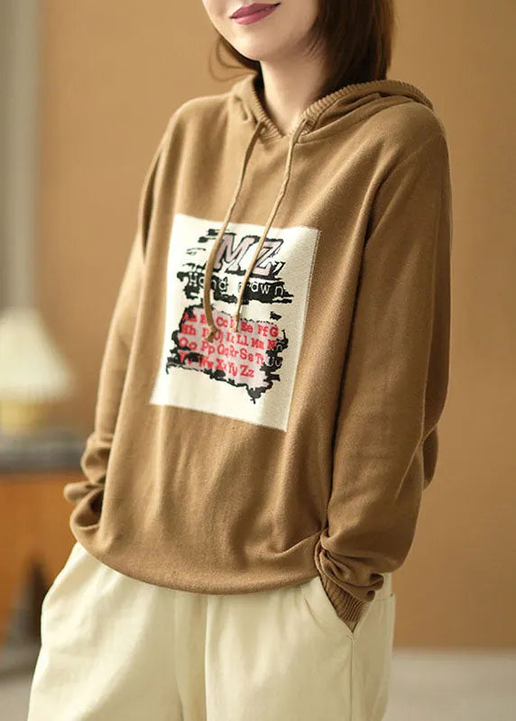 Khaki Hooded Drawstring Print Fall Knit Sweater