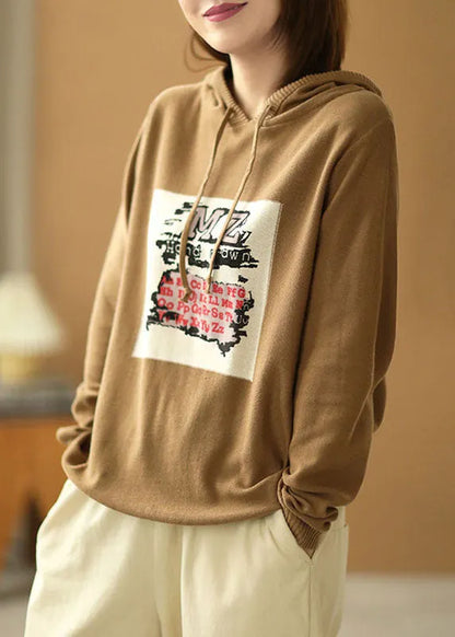 Khaki Hooded Drawstring Print Fall Knit Sweater