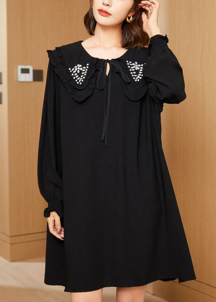 Black Double-layer Collar Lace Up Cotton Mid Dress Spring