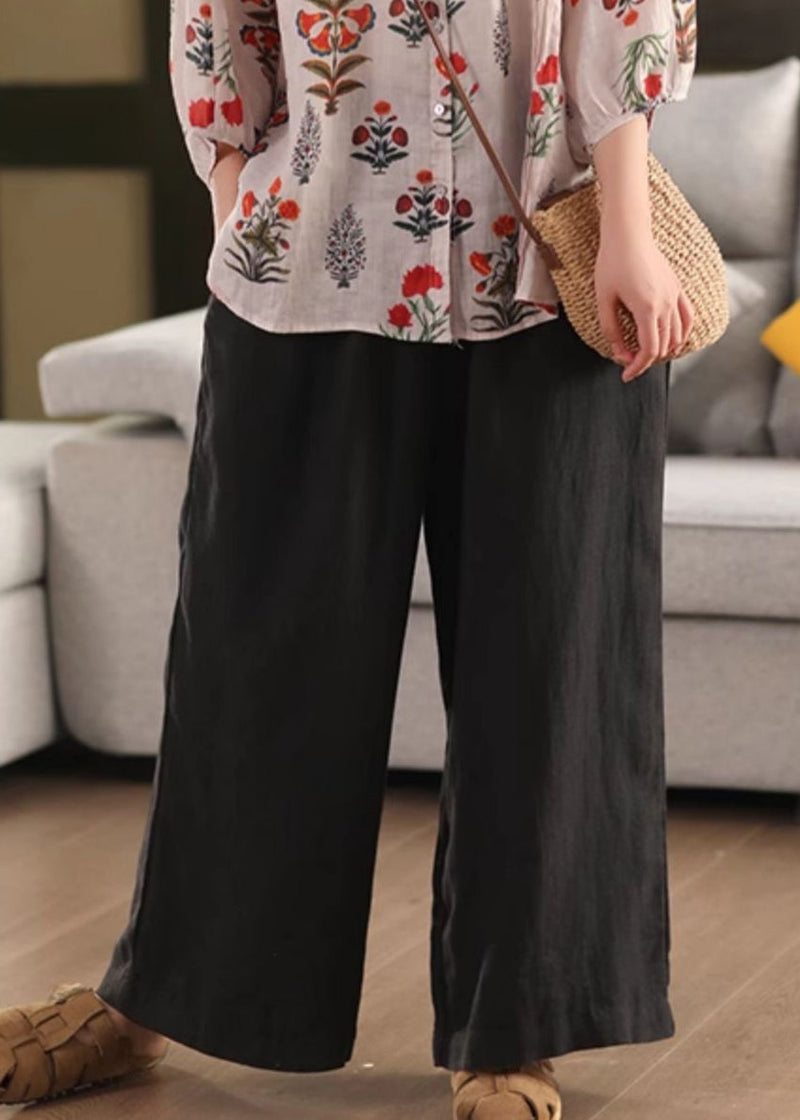 Simple Black Elastic Waist Linen Pants Summer