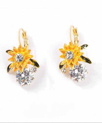 Gold Copper Overgild Zircon Sunflower Drop Earrings