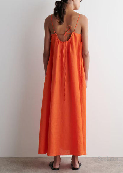 Orange Oversized Linen Spaghetti Strap Dress Summer