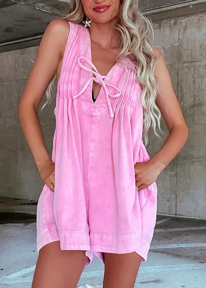 Pink Wrinkled Patchwork Tie Lace Jumpsuit Summer