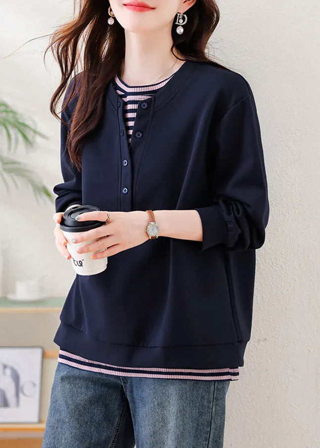 Navy Oversized Patchwork Cotton Sweatshirt Fall