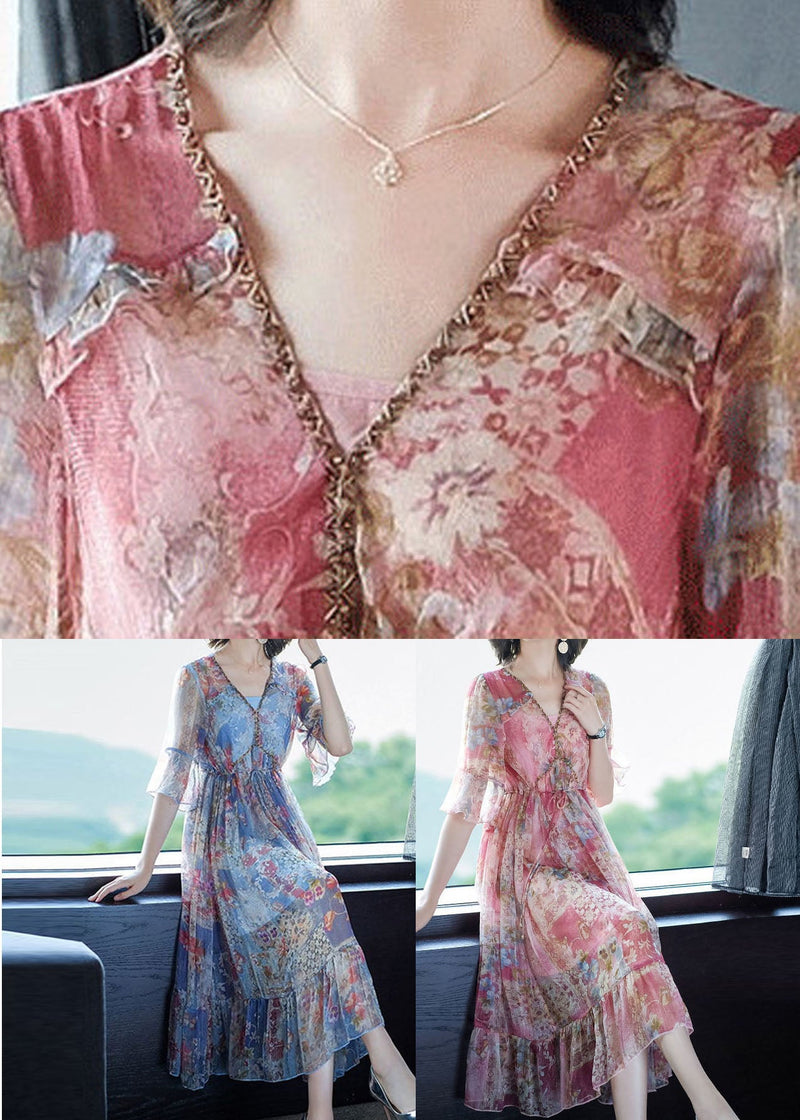 Pink V Neck Print Chiffon Long Dresses Summer
