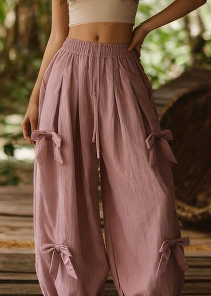 Loose Pink Bow Elastic Waist Cotton Lantern Pants Summer