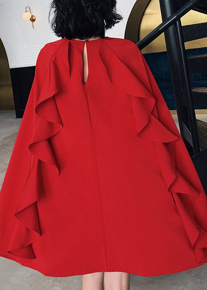 Red O-neck Ruffled Patchwork Cotton Mid Dresses Summer