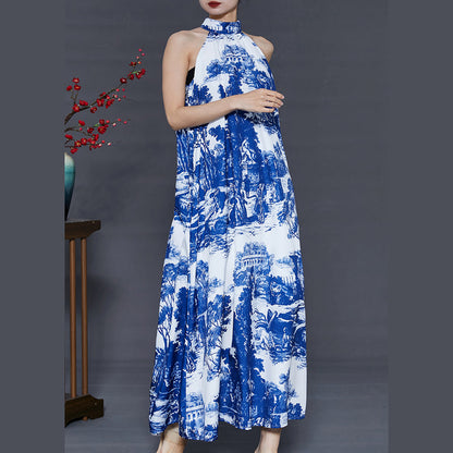Modern Blue Cold Shoulder Print Cotton a Line Dress Summer