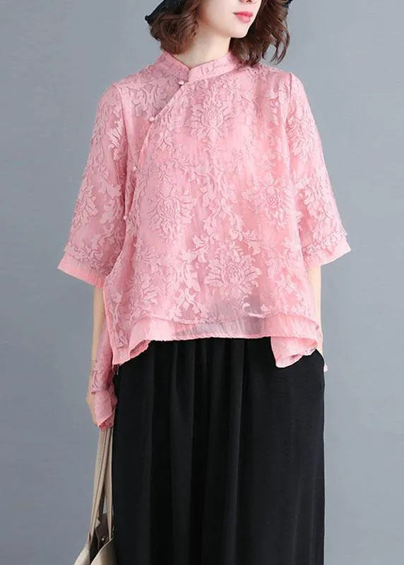 Red Lace Three Quarter Sleeve Oriental Loose Summer Top