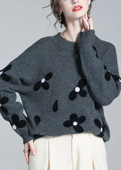 French Grey O Neck Cozy Patchwork Knit Sweaters Winter