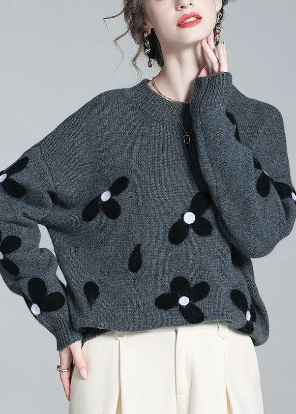 French Grey O Neck Cozy Patchwork Knit Sweaters Winter