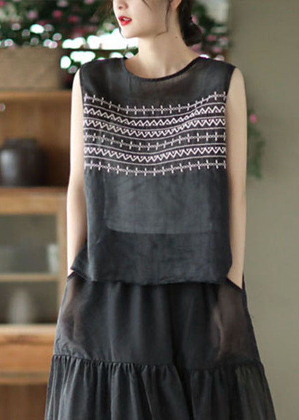 Black Embroideried Linen Tank Tops Sleeveless