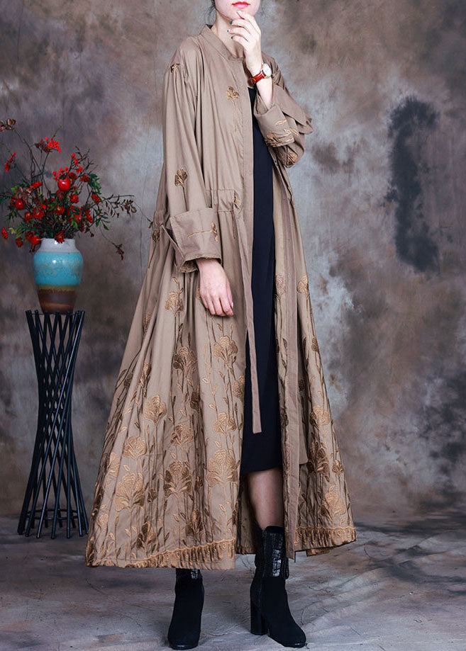 Art Khaki Embroideried Drawstring Spring Trench Coats
