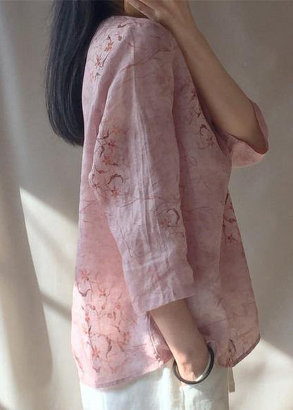 Organic Pink Print Blouses for O Neck Chinese Button Daily Tops