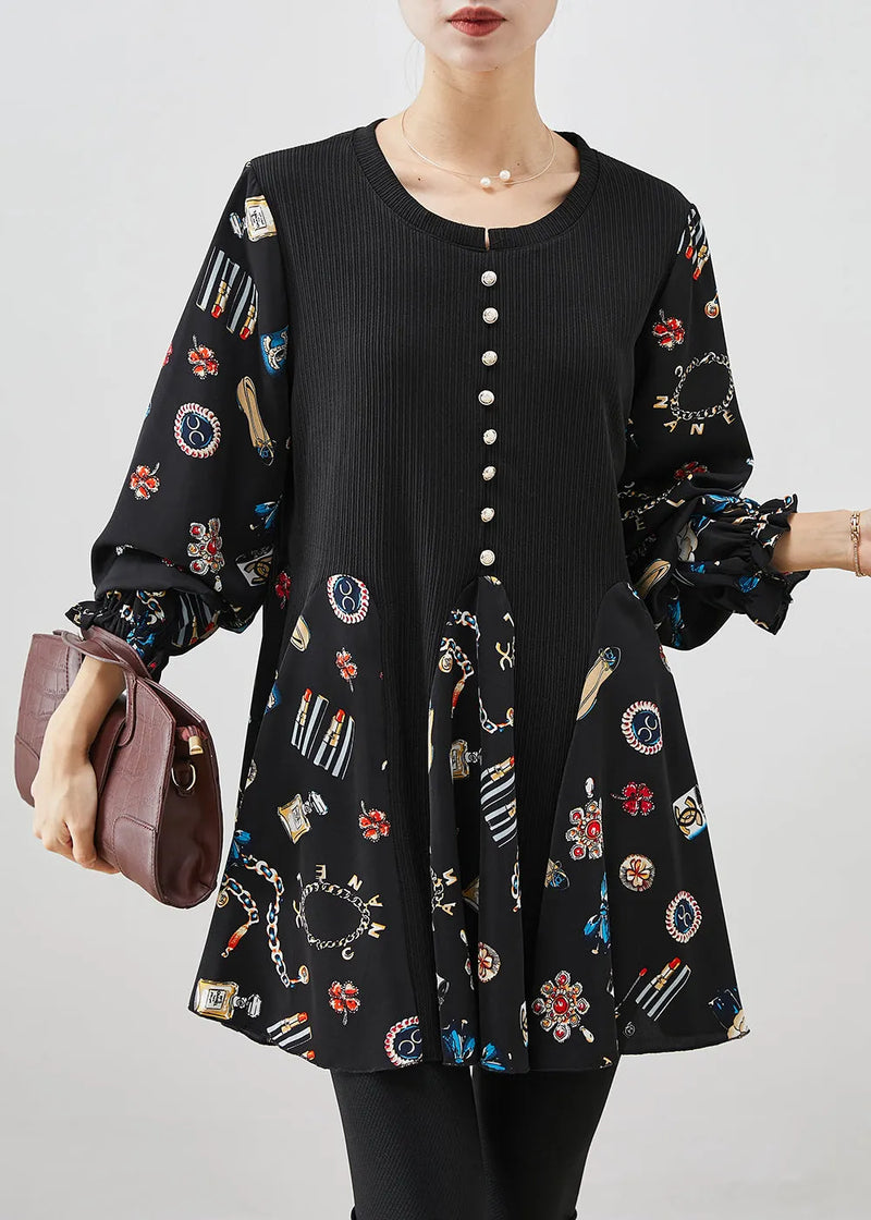 Black Print Patchwork Cotton Mini Dress Fall
