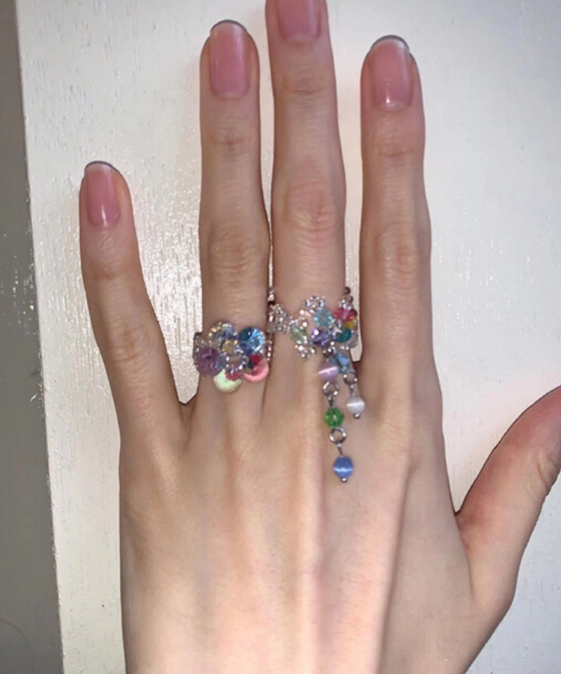 Rainbow Crystal Pearl Tassel Rings