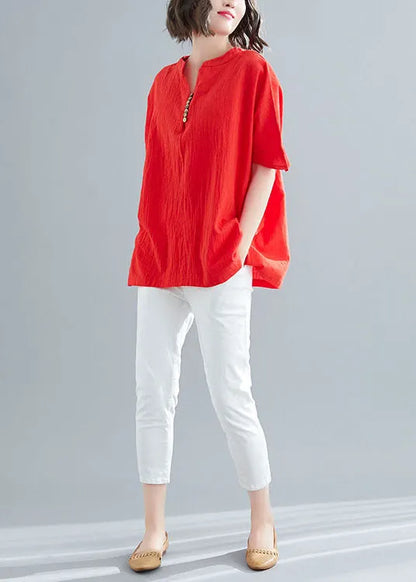 Red V Neck Wrinkled Cotton Tops Summer