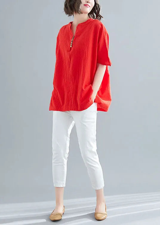 Red V Neck Wrinkled Cotton Tops Summer