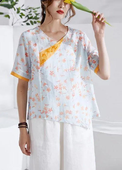 Modern Orange V-neck Patchwork Print Summer Ramie Top