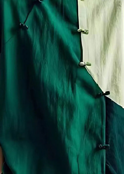 Green Oversized Patchwork Chinese Button Linen Shirt Summer