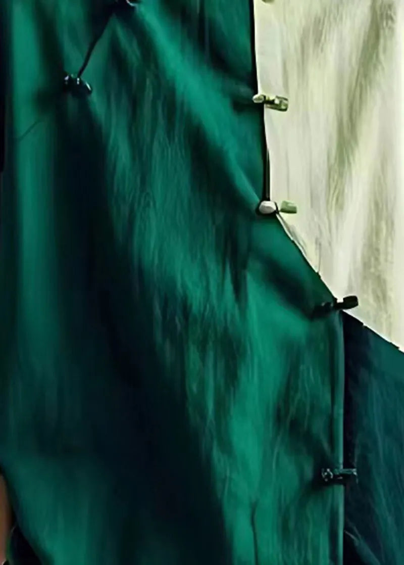 Green Oversized Patchwork Chinese Button Linen Shirt Summer