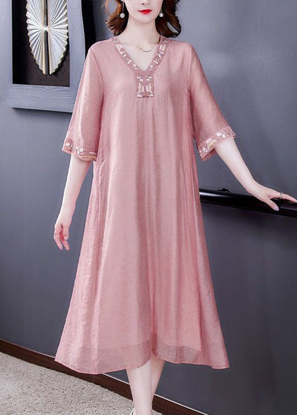 Pink V Neck Embroideried Cotton Vacation Dresses Summer